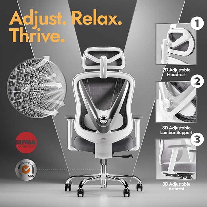 Ergonomic Mesh Office Chair - 3D Adjustable Lumbar Support & 3D Armrests, V-Shaped Back, Adjustable Desk Chair for Office & Home, White - Image 4