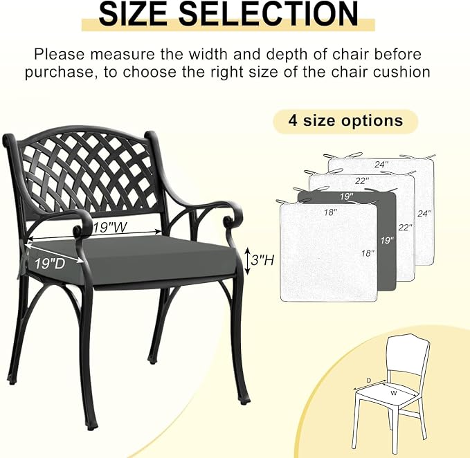 downluxe Outdoor Chair Cushions for Patio Furniture, Waterproof Square Corner Memory Foam Patio Chair Cushion with Adjustable Ties and Portable Handle, 19" x 19" x 3", Dark Grey, 2 Pack - Image 6