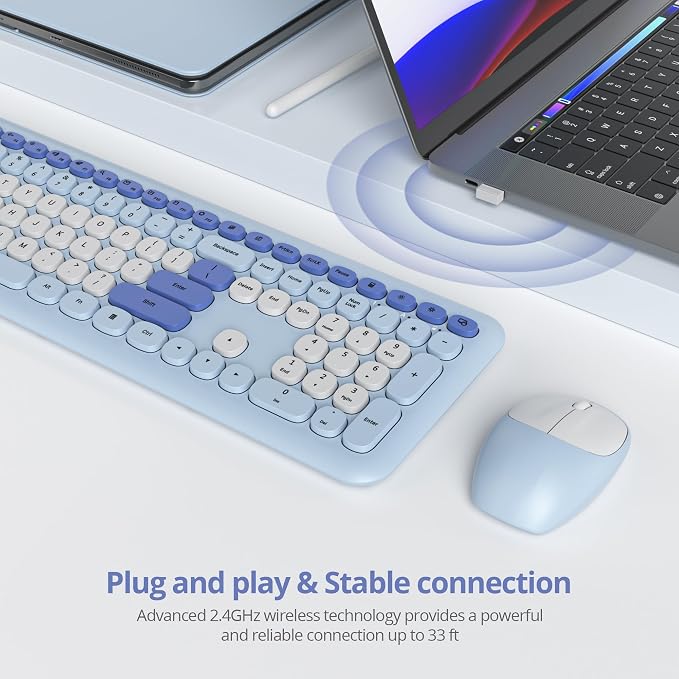surmen Blue Keyboard and Mouse Wireless, Cute Wireless Typewriter, Full Size Slim Silent Keyboard Round Keys Aesthetic for Home and Office(Colorful Blue) - Image 2