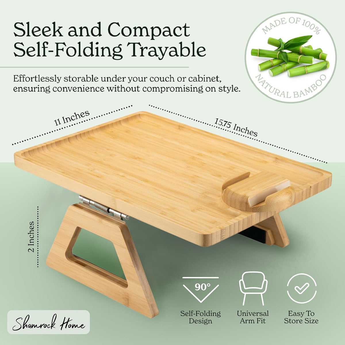 Bamboo Couch Arm Table with Device Holder, Clip On Tray. for TV Dinners, Remotes, Drinks, Snacks and Small Spaces (Rectangular with Device Holder, Brown, Large 15.75 x 11) - Image 3