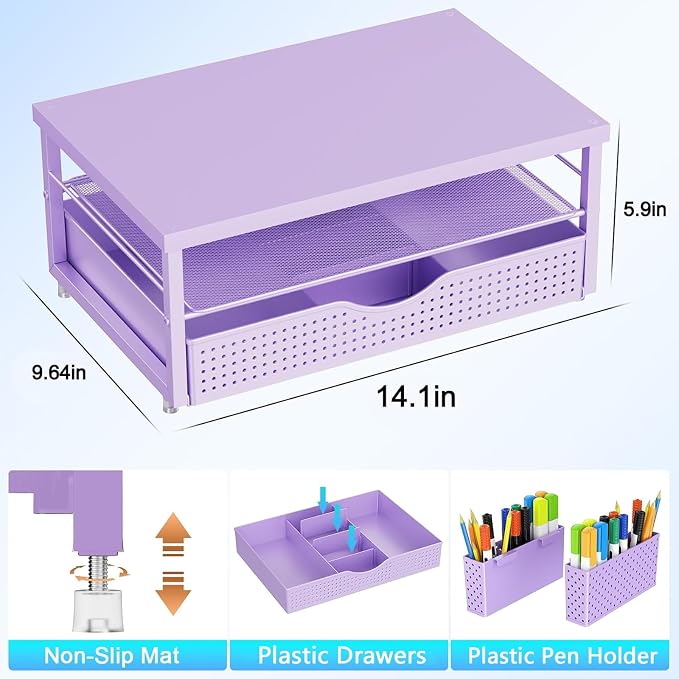 gianotter Desk Organizers and Accessories, Monitor Stand with Drawer and 2 Pen Holder, Desktop Organizer Suitable for Offices and Dormitories (Purple-Plain) - Image 5