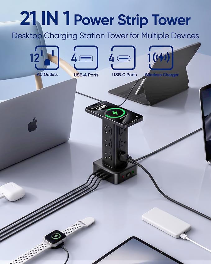 PD65W Power Strip Tower with 12 AC Outlets & 8 USB Ports(4 USB C), 6FT Cord | 21-in-1 Flat Plug Charging Station Tower, 6FT Extension Cord for Home Office Dorm, Black - Image 2