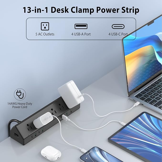 Jgstkcity Desk Clamp Power Strip USB C 45W,8 USB,15FT Cable,Black | 4 USB-C,Edge Mount,1875W Extension Cord,15A Switch,ETL Listed,Office,Gaming,Dorm - Image 3