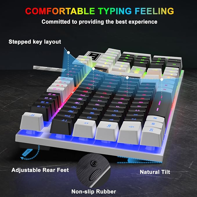 BlueFinger RGB Gaming Keyboard and Backlit Mouse Combo, USB Wired, LED Gaming Set for Laptop PC Computer Game and Work (White & Black) - Image 3