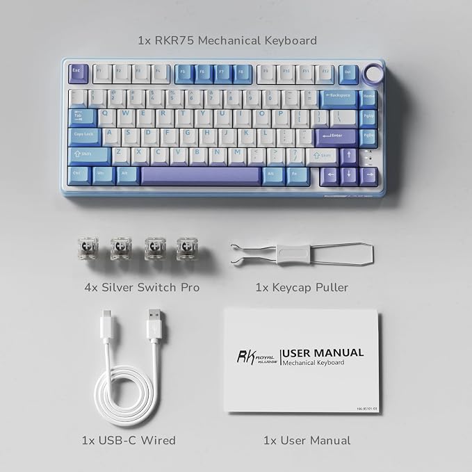 RK ROYAL KLUDGE R75 Mechanical Keyboard Wired with Volume Knob, 75% Custom Gaming Keyboard Gasket Mount RGB Backlit with Software, Cherry Profile, Hot Swappable Silver Switch, PBT Keycaps - Image 8