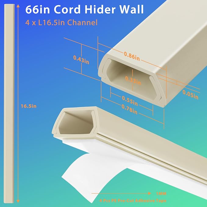 66in Cord Covers for Wires on Wall, Beige Wall Cord Hider Hide Cords | Wire Covers for Cords Kit, TV Cable Hider Wall Kit, Easy to Install Cord Cover, Cable Management Wall 4XL16.5inW0.86inH0.43in - Image 2