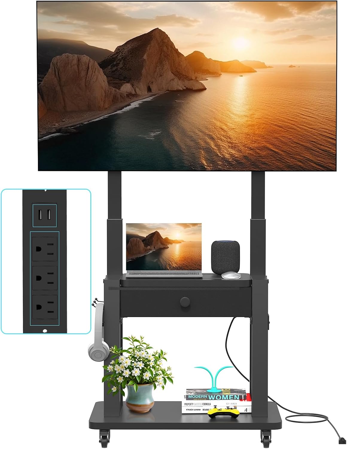 Rolling TV Stand with Power Outlet and Fabric Drawer for 32-75 Inch Flat/Curved Screen up to 220lbs LCD/LED/OLED Adjustable Height Mobile TV Cart with Wheels for Home Office Max VESA 600x400mm Black by Hellsehen