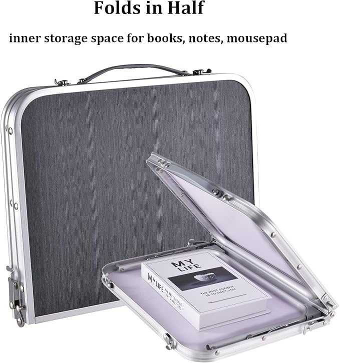 Foldable Laptop Desk, Portable Bed Table with Hidden Storage, Gray | 23.6 x 15.3 in Work Surface, Hidden Storage, Aluminum Frame, Anti-Slip Feet, Carry Handle, Safety Locks - Image 2