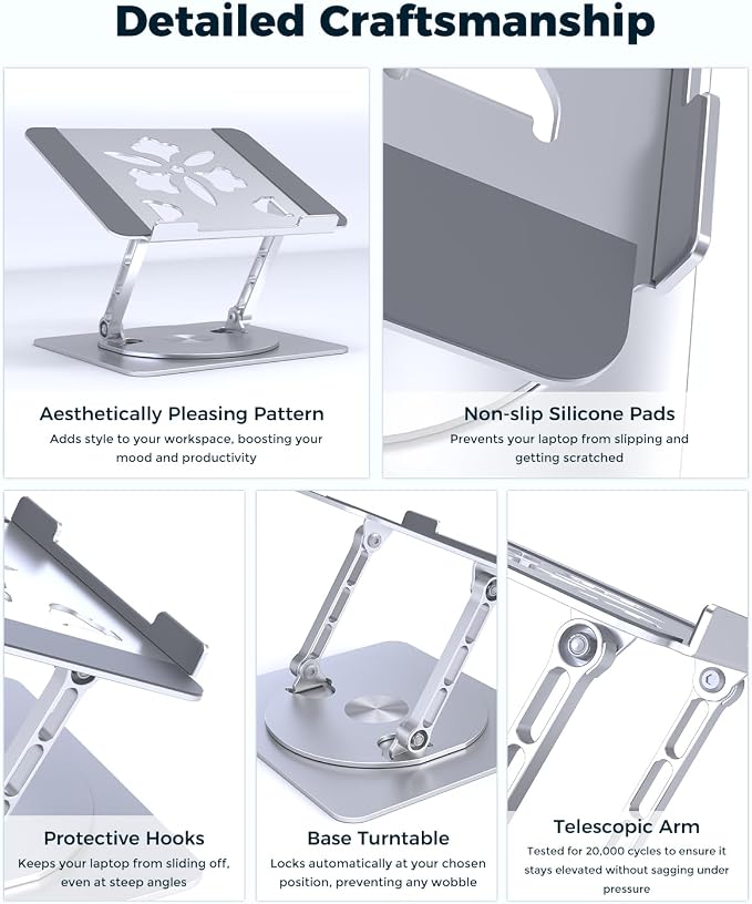 Aoviho 360° Rotating Laptop Stand for Desk | Adjustable, Foldable, Portable Aluminum Ergonomic Riser | Compatible with MacBook, Dell, HP & All Laptops 10-16 inch | Silver - Image 6