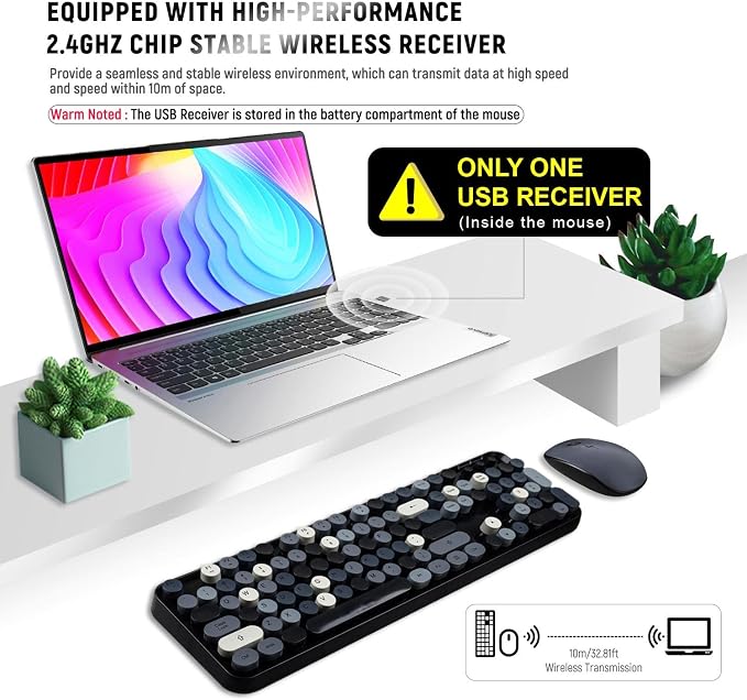 Clicky Wireless Keyboard and Mouse Combo,Retro Typewriter Style,Black Gray | Bubble Round Keys,Dark Grey Floating Keys for Long Nails,2.4GHz USB Receiver,Full Size with Number Pad for PC Laptop Desktop - Image 3