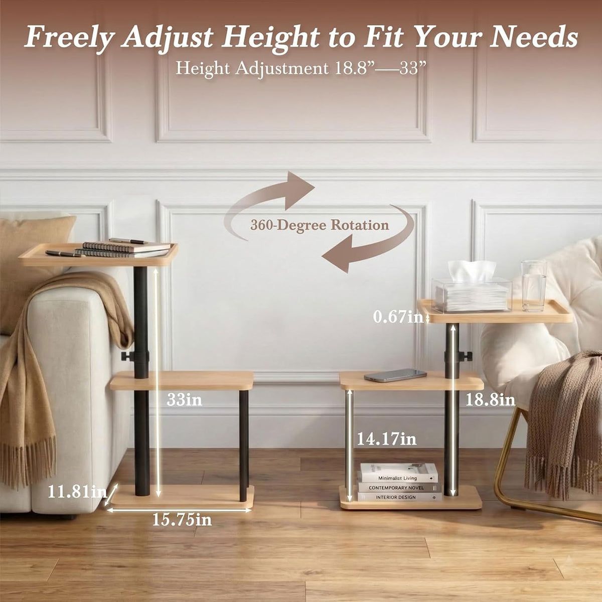C Table End Table Adjustable Height, 360°Swivel TV Tray Table for Small Spaces, Small Nightstand for Living Room, Bedroom, Oak - Image 8