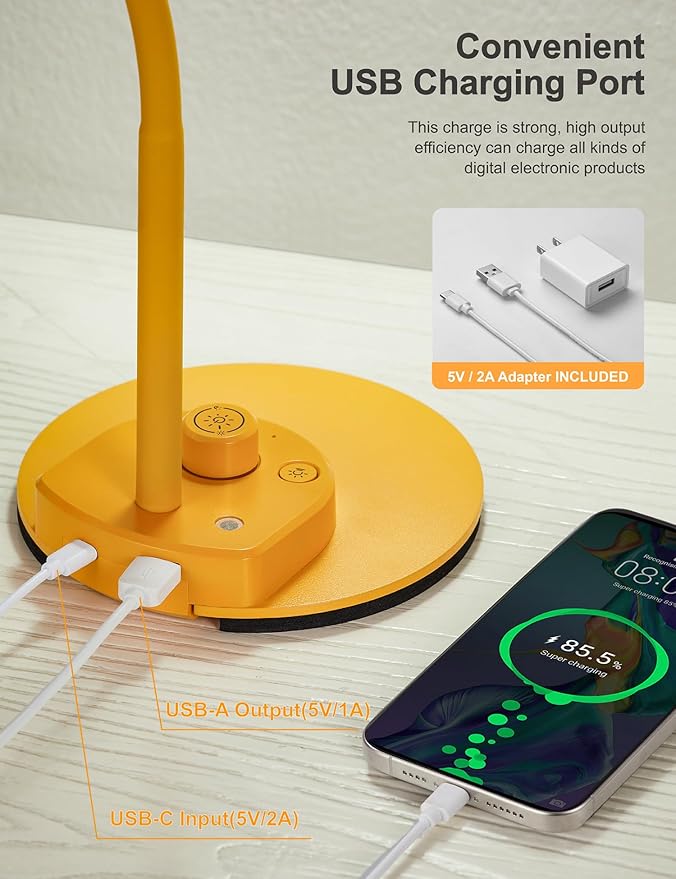 BOHON LED Desk Lamp with USB Charging Port 3 Color Modes Fully Dim, Yellow | Reading Lamp, Auto Dimming Task Lamp, Flexible Neck Table Light for Home Office Dorm Bedside, Bright Yellow - Image 4