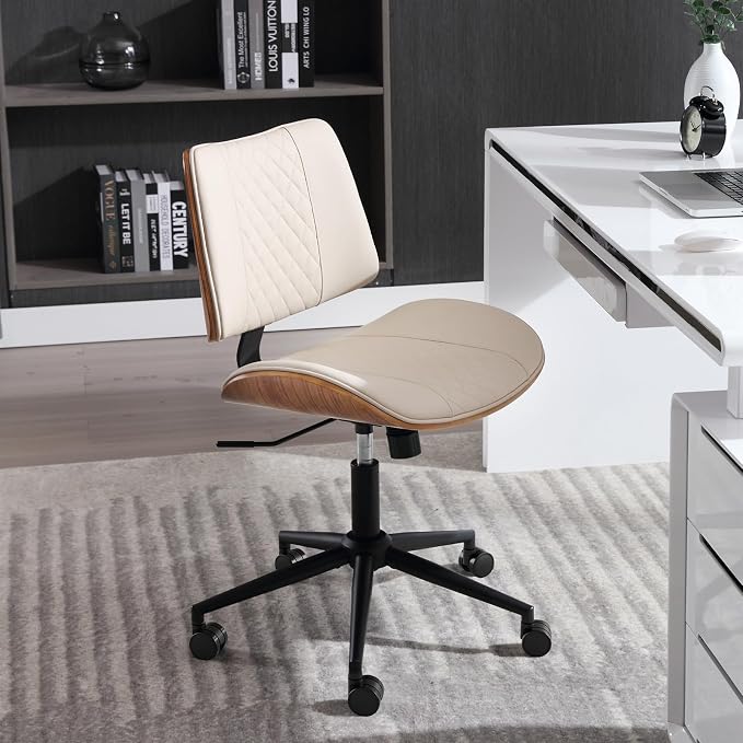 Home Office Chair No Arms with Wheels, Adjustable Height Small Desk Chair, PU Leather Mid Back 360 Swivel Computer Chair, Armless Modern Walnut Chair for Office, Reading Meeting Room(Beige) | Adjustable Height Small Desk Chair, PU Leather Mid Back 360 ... - Image 5