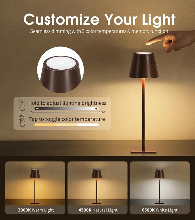UME 3 Pack Cordless Table Lamp, Battery Operated Lamp - Portable Waterproof Rechargeable Table Lamp w/ 3 Color Temps & Stepless Dimming for Dinner, Desk, Cafe, Outdoor (Woodgrain) - Image 3