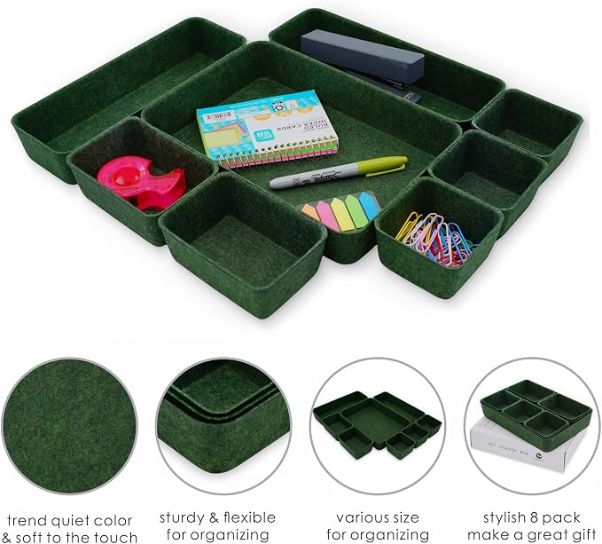 Desk drawer organizer bins shallow trays felt storage desktop box for jewelry watches office supplies makeup small key holder minimalism 8-piece (Forest Green) - Image 5