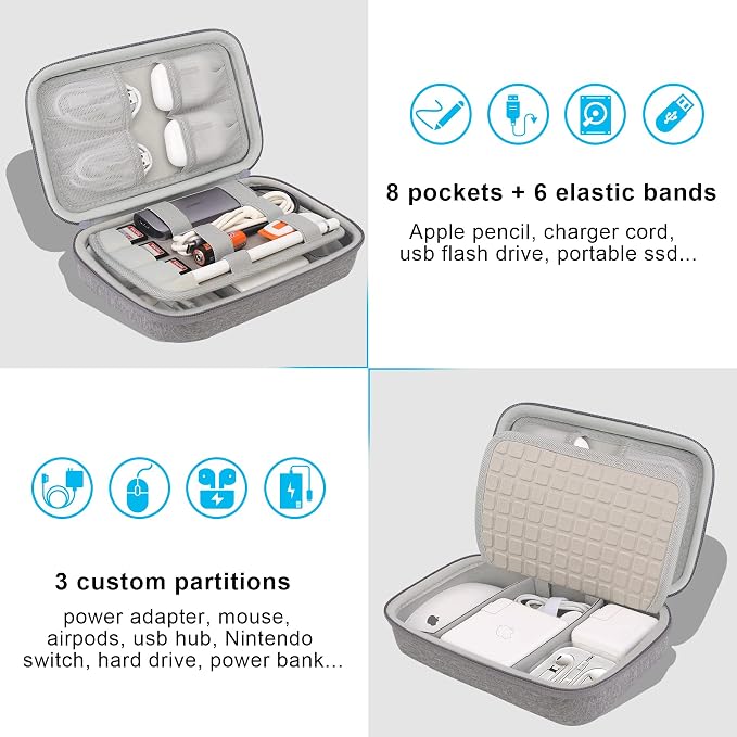 Elonbo Hard Travel Cords Organizer Universal Small Electronic Accessories Carrying Case for Chargers Cables MacBook Adapter Magic Mouse Apple Pencil USB Flash Disk Tech Portable Storage Bag, Grey - Image 2