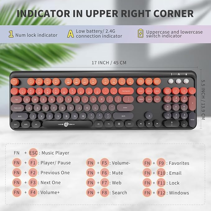 Wireless Keyboard and Mouse Combo, 104 Round Keys Cute Colorful Keyboard and Mouse with Retro Typewriter for PC/Mac/Laptop/Tablet/Computer/Windows Black Red - Image 3