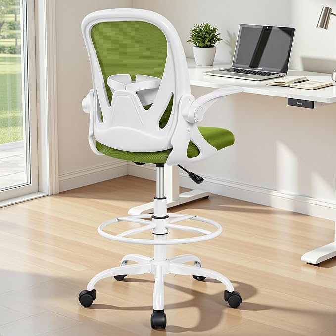 Drafting Chair Tall Office Chair with Flip-up Armrests Executive Ergonomic Computer Standing Desk Chair with Lumbar Support and Adjustable Footrest Ring (AvocadoGreen) - Image 2