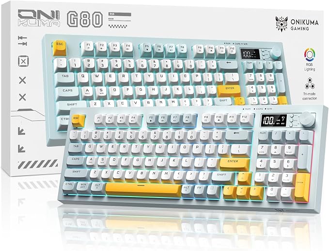 Tri-Mode Wireless Keyboard, BT/2.4G/Wired, Silent Membrane, RGB Backlit, Display Screen & Multimedia Knob, 94 Keys PBT Keycaps for PC Home Gaming Office Use by ONIKUMAGAMING