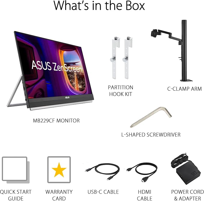 ASUS ZenScreen MB229CF 22 Inch 1080p 100Hz, USB-C Portable Monitor | USB-C 60W, C-clamp Arm, Speakers, Partition Hook, Kickstand, IPS, Subwoofer, Carrying Handle ,Display for MacBook and PC - Image 7
