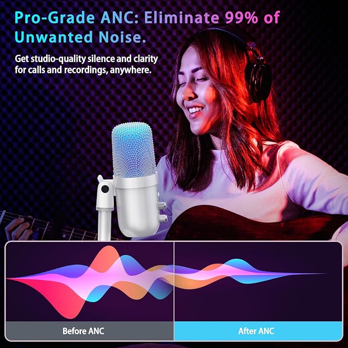 USB Microphone, Computer Condenser Mic with Noise Cancellation, Echo Mode, RGB Lighting, Mute Button, Plug & Play Gaming Mic for PC, Mac, PS5, Streaming, Recording, Podcasting & Online Meetings White - Image 5