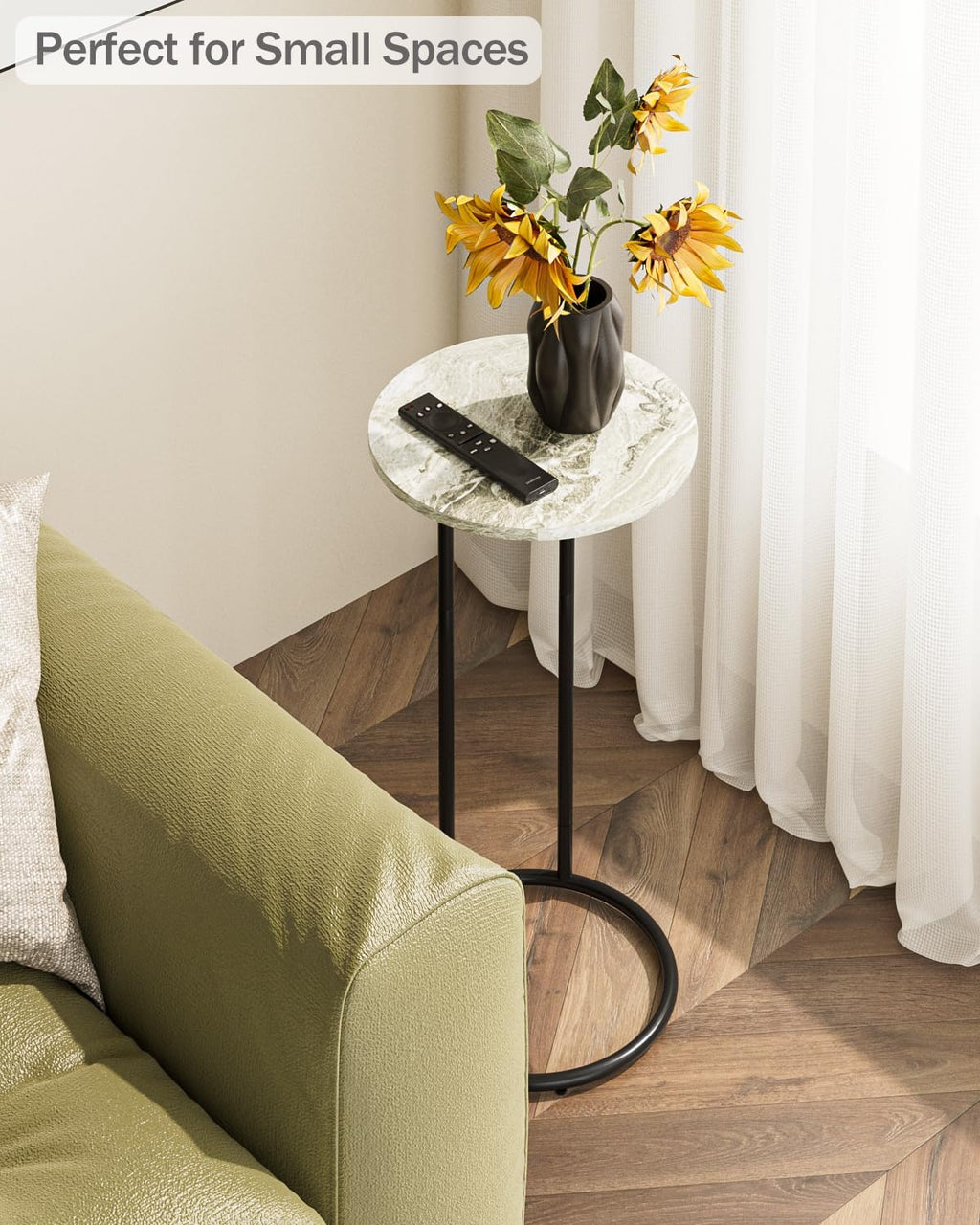C-Shaped End Table, Small Side Table for Couch, Marble and Black - Image 4