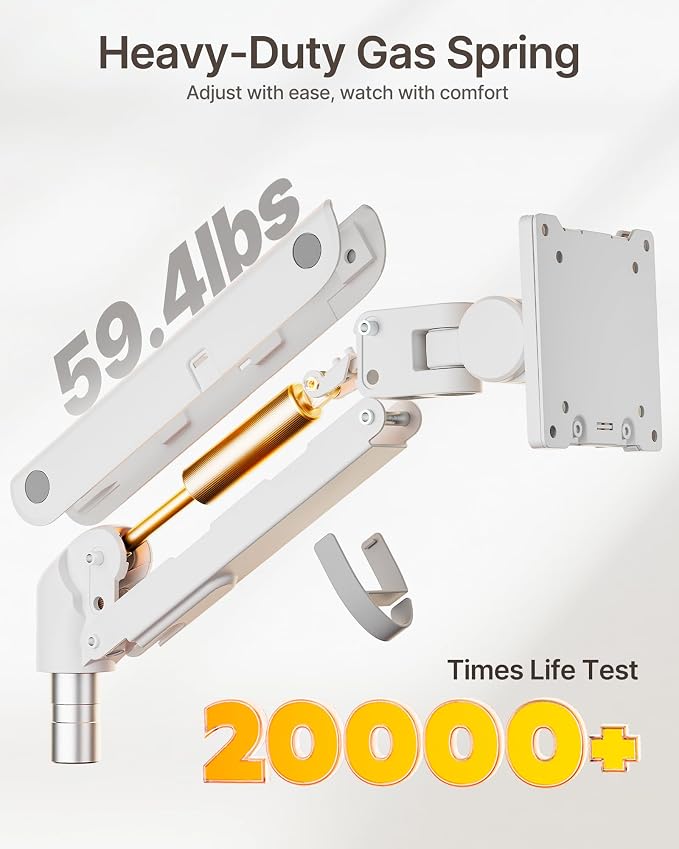 monTEK Dual Monitor Arm, Vertical Stackable 57", Heavy Duty with USB White | Vertical Stackable Gas Spring Arm For 17–57" Ultrawide Monitors,Up To 59.4 Lbs Each, 75/100 VESA Mount with USB 3.0A/C - Image 4