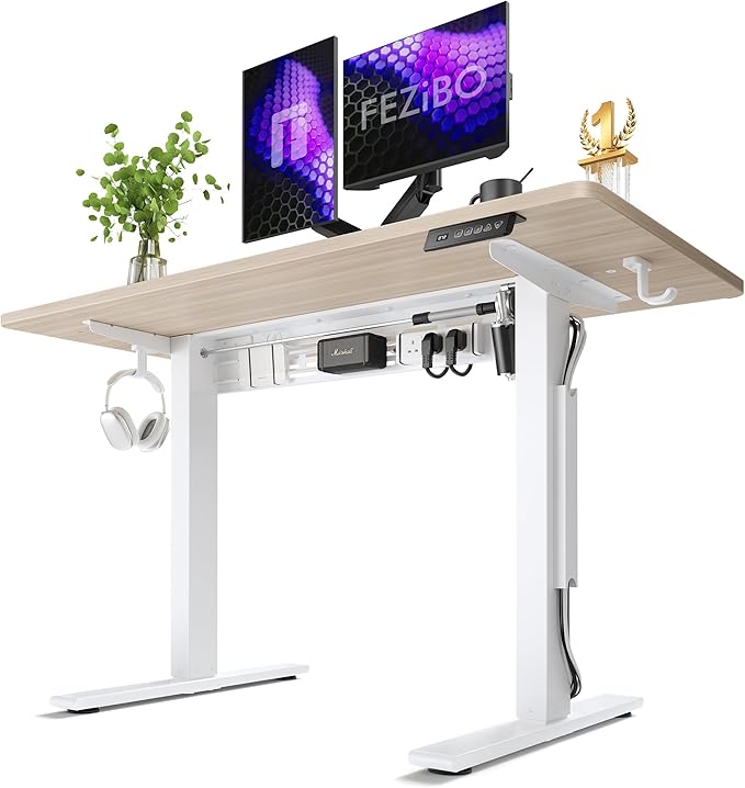 FEZIBO Electric Standing Desk with L-Shaped Crossbar & Cable Management System, 48 x 24 Inches Sit Stand up Desk, Adjustable Height Standing Desk for Home Office, Light Walnut by FEZIBO