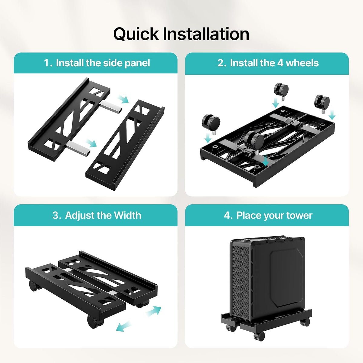PC Stand for Floor, Adjustable CPU Stand with 4 Rolling Wheels, Black - Image 8