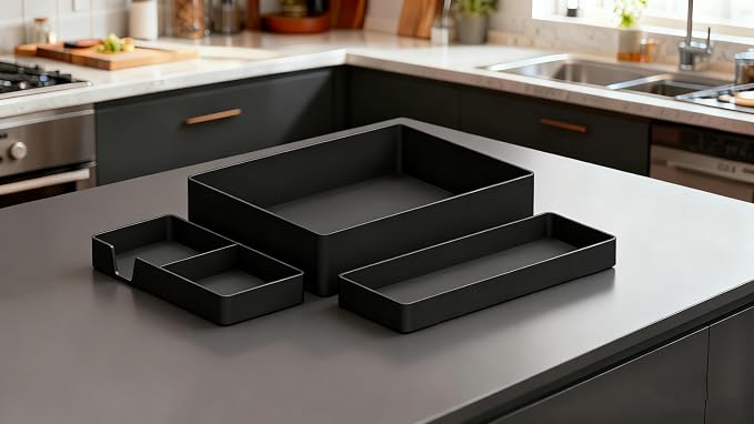 Amazon Basics Rectangular Plastic Desk Organizer Bundle, 3 Pieces with Half Accessory Tray, Small, Black - Image 7