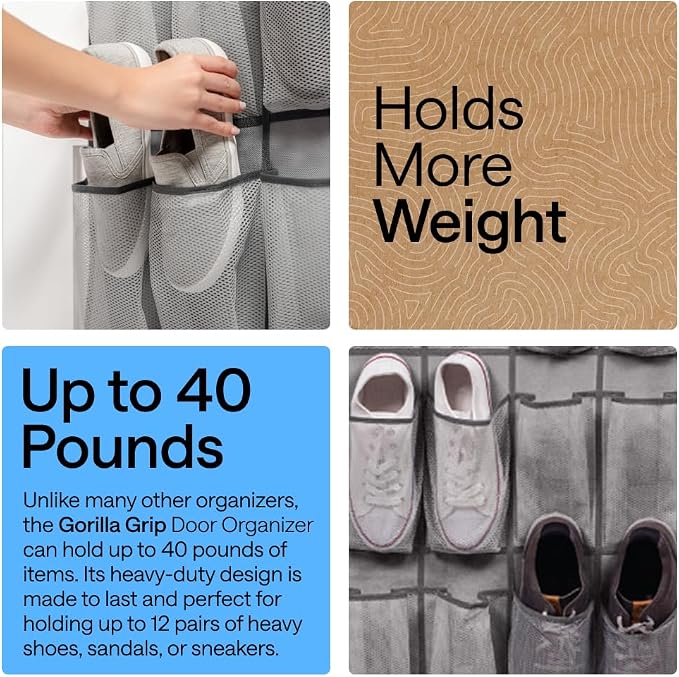 GORILLA GRIP Over the Door Shoe Organizer, 12 Large Pockets, Gray | Breathable Mesh Pocket, Space Saving Hanging Storage Holder, Closet Rack Hanger for Shoes, Pantry and Bathroom Accessories - Image 3