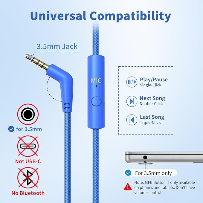 Botesty Sound Wired Headphones with Microphone, Over Ear 3.5mm Plug in Headphones with 4.9ft Tangle-Free Nylon Cord for Tablet, Laptop, MP3/4, School, Airplane Travel (Blue) - Image 2