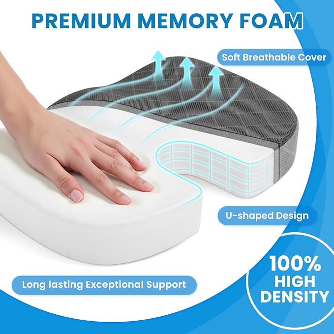 Memory Foam Office Chair Seat Cushion - Dark&Light Grey, XX-Large | for Car Seat, Airplane, Desk Chair - Sciatica & Hip & Coccyx Pain Relief Cushion for Long Sitting Office Workers, Car Drivers - Image 3