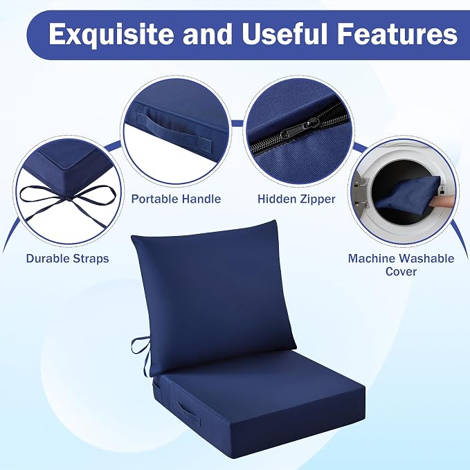 Outdoor Chair Cushions, 24 x 24 Inch Outdoor Cushion for Patio Furniture, Patio Chair Cushion, Waterproof & Fade Resistant Deep Patio Furniture Cushions Set with Handle and Ties, Navy Blue (Set of 6) - Image 5