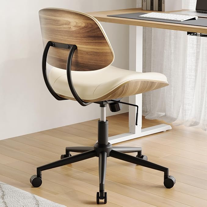 Armless Office Chair with Wheels, PU Leather Desk Chair, Beige | Adjustable Height Task Chair, 360° Swivel Ergonomic Computer Chair for Small Space, Modern Walnut Style, Home & Meeting Room - Image 6