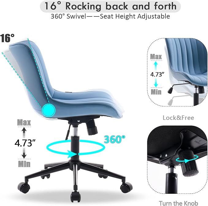 YOUNIKE Office Desk Chair with Wheels Armless Vanity Chair Modern Blue | Faux Leather Upholstered with Rocking Back, Swivel Height Adjustable Small Cute Computer Rolling Task Chair Ergonomic 300lb - Image 3