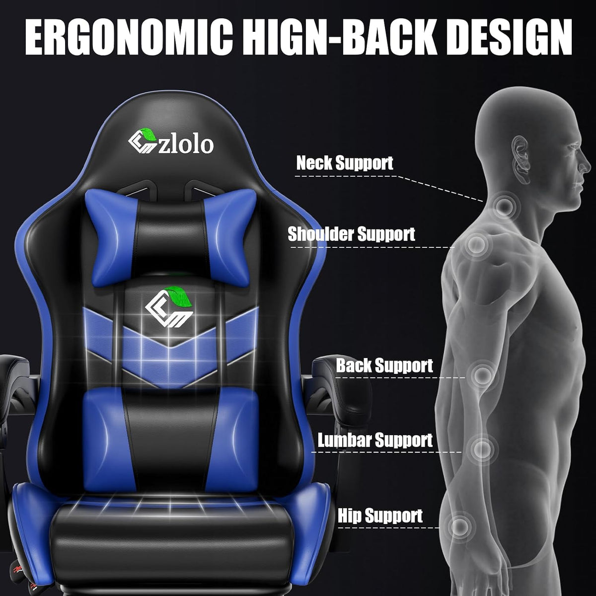 Gaming Chair with Footrest Racing Style Lumbar Support Massager Video Game Chair with Metal Legs, High Back Gamer Chair with Headrest, 360° Swivel Office Computer Desk Chair, Navy Blue - Image 4