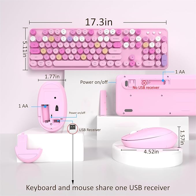 Links9+ Colorful Wireless Keyboard and Mouse Combo (Pink Colorful) | Full-Size Retro Typewriter Style Keyboard with Vintage Round Keycaps, 2.4G Wireless Set for Windows, Mac, Laptop, PC, Tablet - Image 4
