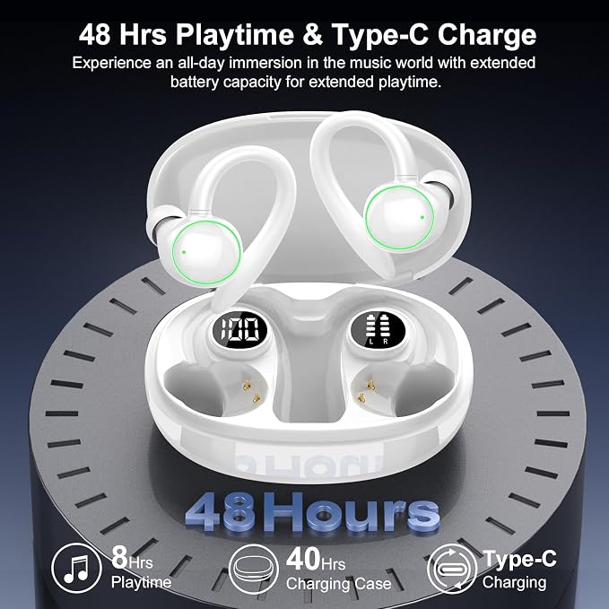 Wireless Earbuds, Bluetooth 5.4 Headphones Sport Over Ear Buds With ENC Mic | ENC Noise Cancelling Mic, 48H, Wireless Earphone With Earhooks, Stereo Deep Bass, IP7 Waterproof Headset for Workout, White - Image 4