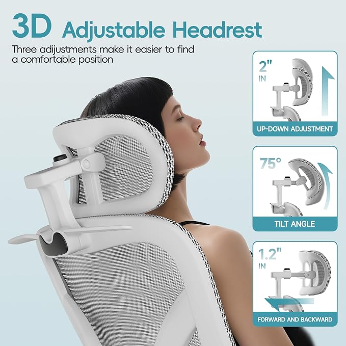 Ergonomic Office Chair, Home Office Desk Chairs with Adjustable Lumbar | Allion Ergonomic Mesh Computer Gaming Chairs with 3D Headrest, Flip-up Arms, Big Tall Reclining chair for Men Women, Grey - Image 6