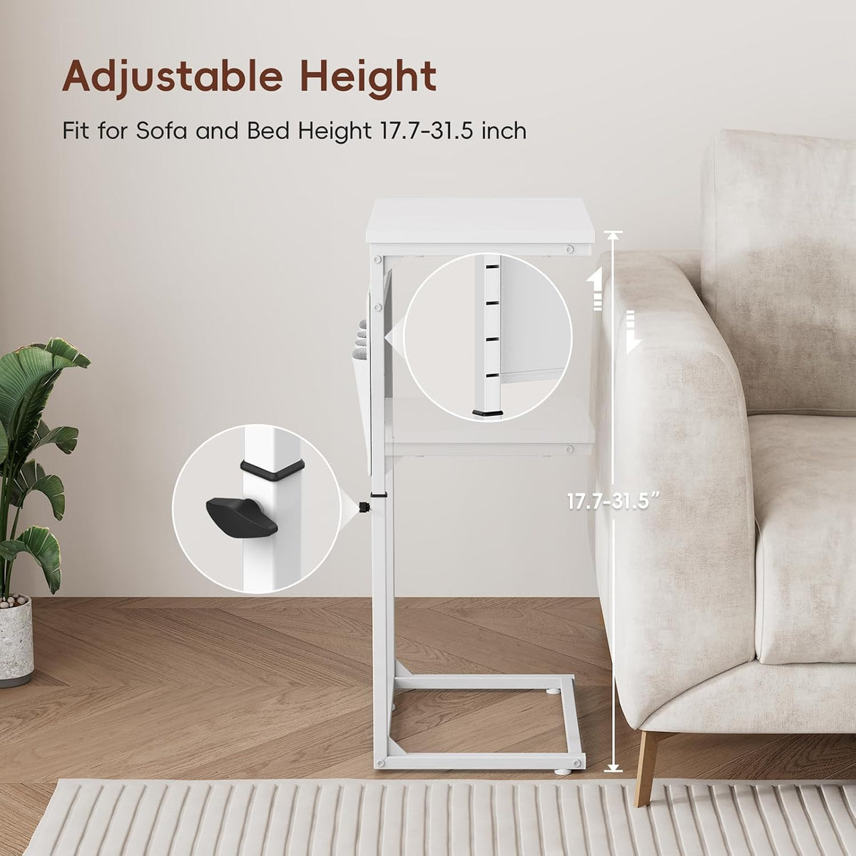 C Shaped End Table, 33" Tall Side Table for Couch, Adjustable Height Small Couch Side Table for Small Spaces, C Table End Table Slide Under Sofa Table TV Tray for Living Room Bedroom, White - Image 5