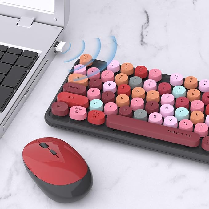 UBOTIE Colorful Wireless Keyboard and Mouse Combo (Black-Colorful) | Retro Typewriter Floating Full-Sized Keys Computer Keyboard with Optical Mouse, 2.4GHz USB Connection for Windows Mac - Image 3