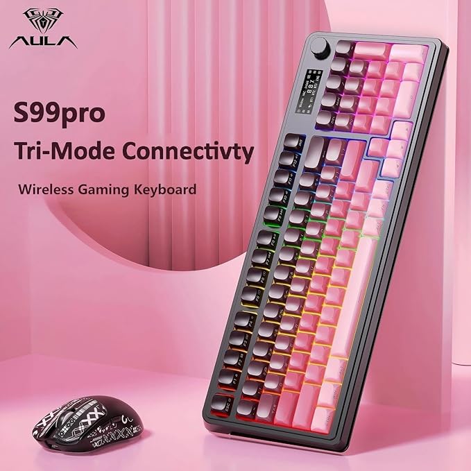 AULA S99 Pro Keyboard, Wireless Keyboards with Media Knob Custom RGB Backlit, 3-Modes BT/2.4G/USB-C Membrane Gaming Creamy Keyboard for Windows/MAC/PC Gamer - Black Pink - Image 2