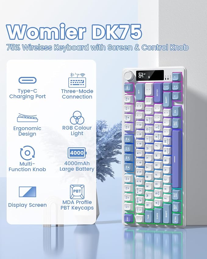 Womier DK75 75% Wireless Gaming Keyboard, RGB Backlit Creamy Keyboard with Media Knob, OLED Screen, Tri-Mode 2.4GHz/USB-C/BT5.0, Anti-Ghosting No-Conflict Silent Membrane Keyboard for MAC Windows - Image 2