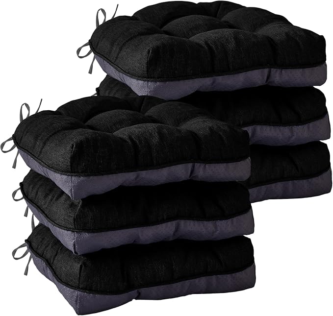IASEAHK Chair Cushions for Dining Chairs, Seat Cushions for Kitchen Chairs, Indoor Seat Cushions with Ties, Tufted Foam Chair Pads, Non Slip Chair Cushions Set of 6, 15.5" x 15.5" x 4", Black by IASEAHK