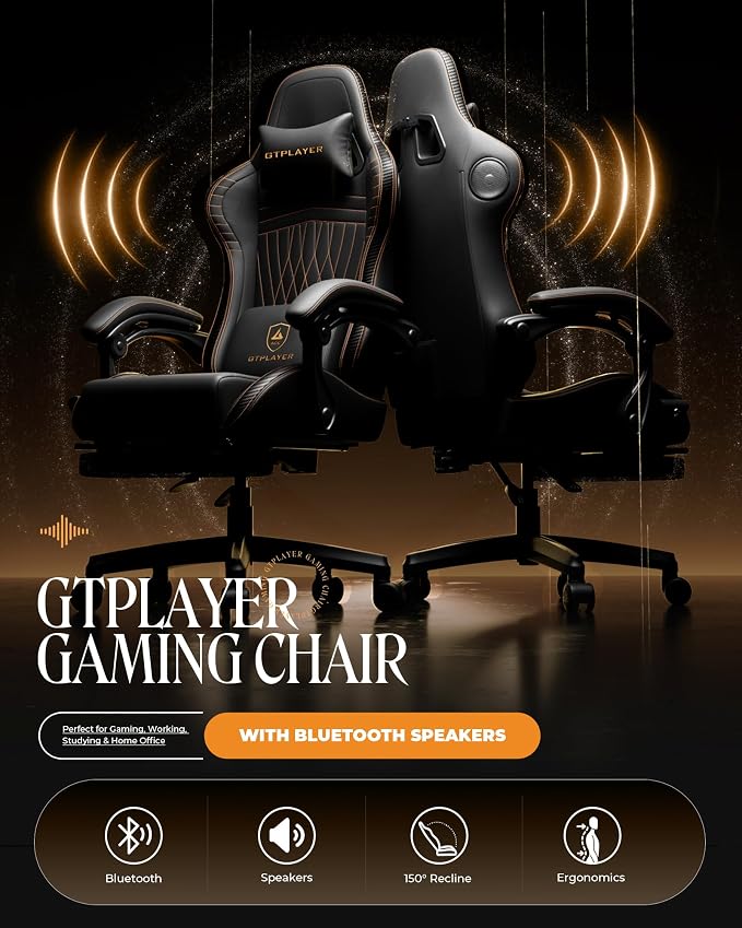 GTPLAYER Gaming Chair with Speakers, Video Game Chairs with Footrest, PC Gamer Chairs for Adults - Padded High Back Ergonomic Reclining Silla Gamer, Linkage Armrest, Ace Pro, Black & Orange Stitch - Image 3