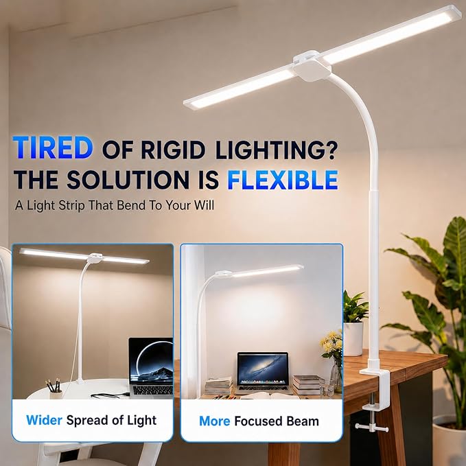 Desk Lamps for Home Office, Computer Light Bar, Double Head, White | Eye-Care Architect Light with Clamp, 3 Color Modes 10 Brightness, Adjustable for Reading, Study, Workbench - Image 6