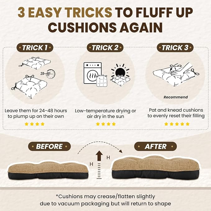 downluxe Indoor Chair Cushions for Dining Chairs, Tufted Overstuffed Textured Kitchen Chair Pads with Ties and Non-Slip Backing, 15.5" x 15.5" x 4", Taupe, 4 Pack - Image 7