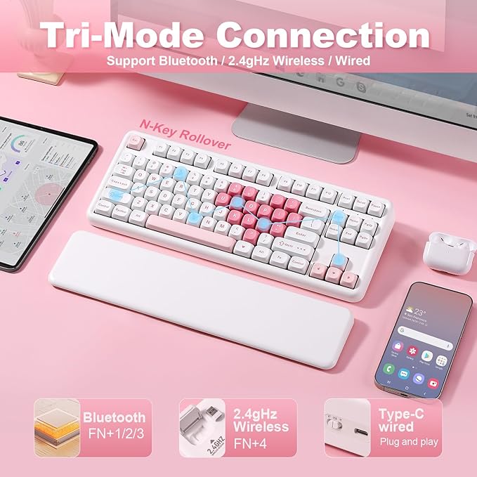 YUNZII B87 TKL Wireless Mechanical Keyboard (White Heart,Milk Switch) | QMK/VIA, Wrist Rest, CreamyTyping, Cute MOA Keycaps, Gasket Mount, Hot Swap, RGB Backlit, NKRO, BT/2.4G/USB-C, for Win/Mac - Image 3