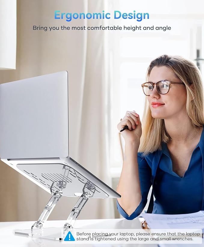 Lpoake Acrylic Laptop Stand for Desk, Adjustable Ergonomic Laptop Riser, Portable Foldable Computer Stand, Compatible with 10 to 15.6 Inches Notebook and MacBook, Clear - Image 2